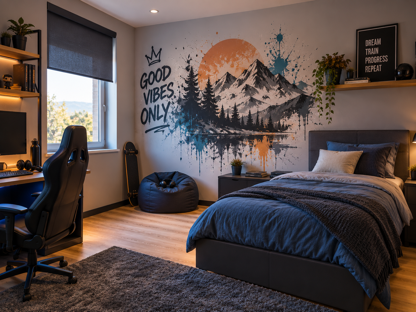 Mise en situation d’une décoration murale colorée dans une chambre d’adolescent