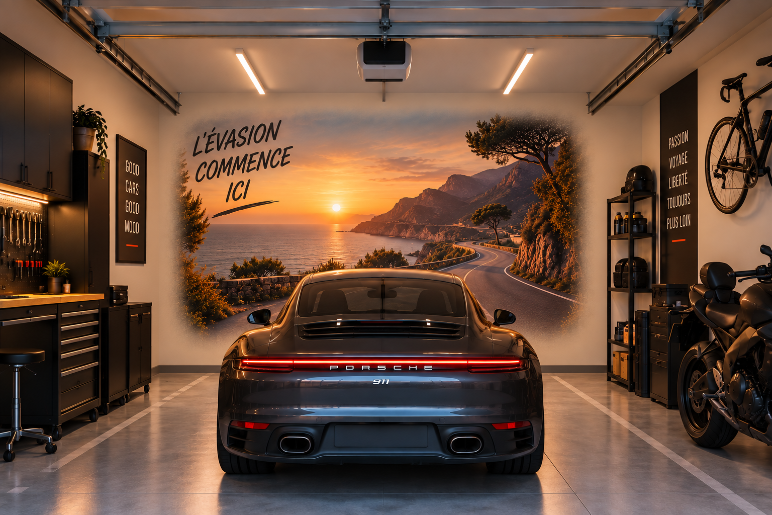 Garage lounge avec grand décor mural panoramique