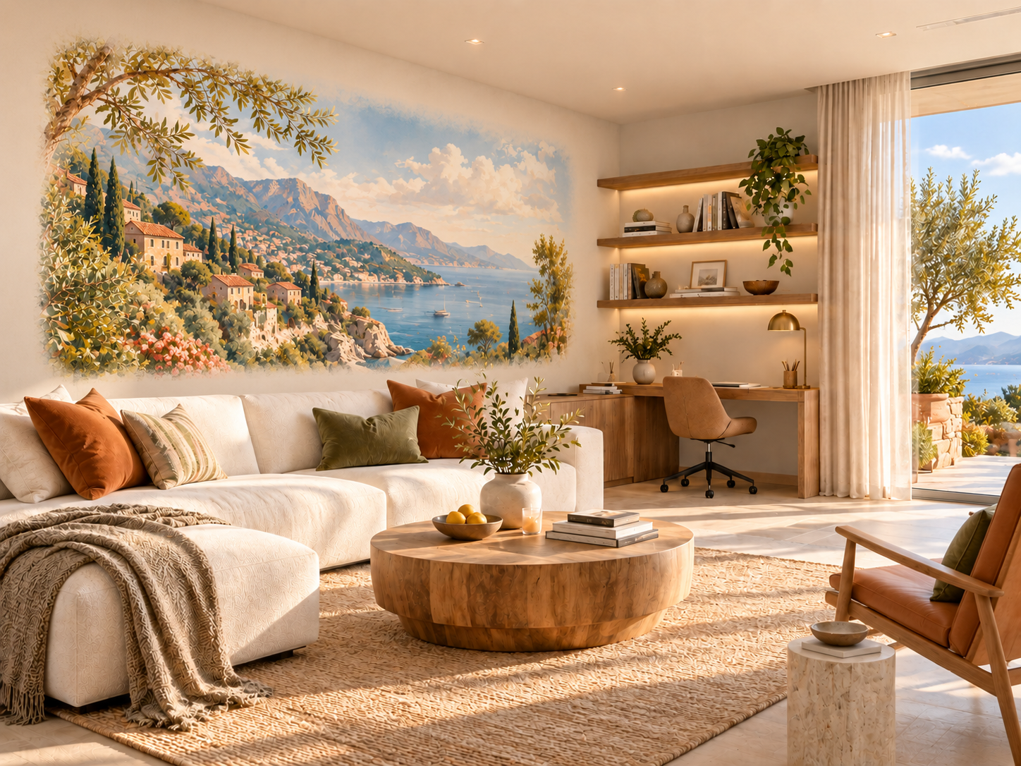 Décor mural panoramique dans un salon avec coin bureau