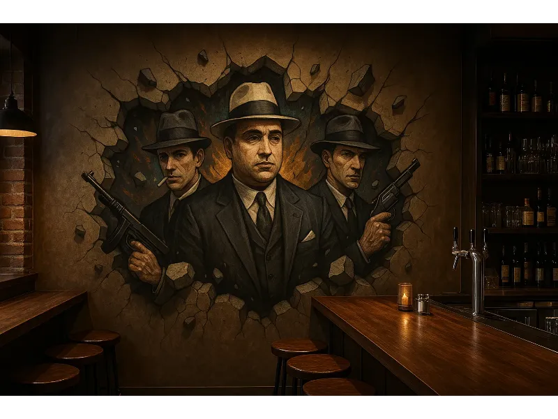 Fresque de trois personnages en costume et chapeau, en trompe-l’œil sur le mur d’un bar.