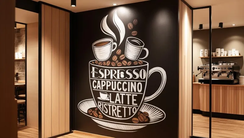 Décor mural avec tasses, grains de café et lettrage dans un café aux finitions en bois.