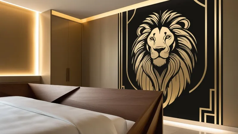 Grand lion graphique clair sur un mur noir dans une chambre aux tons chauds.