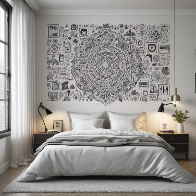 Composition murale avec mandala et petits dessins au-dessus du lit d’une chambre lumineuse.