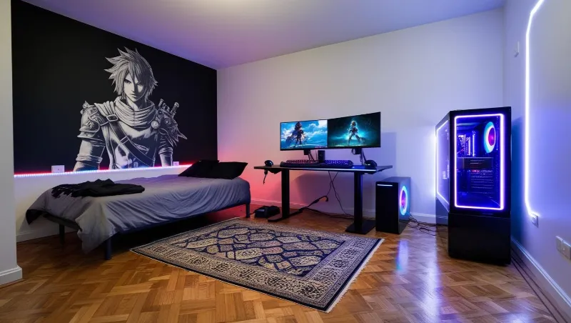 Personnage de jeu vidéo sur le mur noir d’une chambre avec bureau et éclairage coloré.