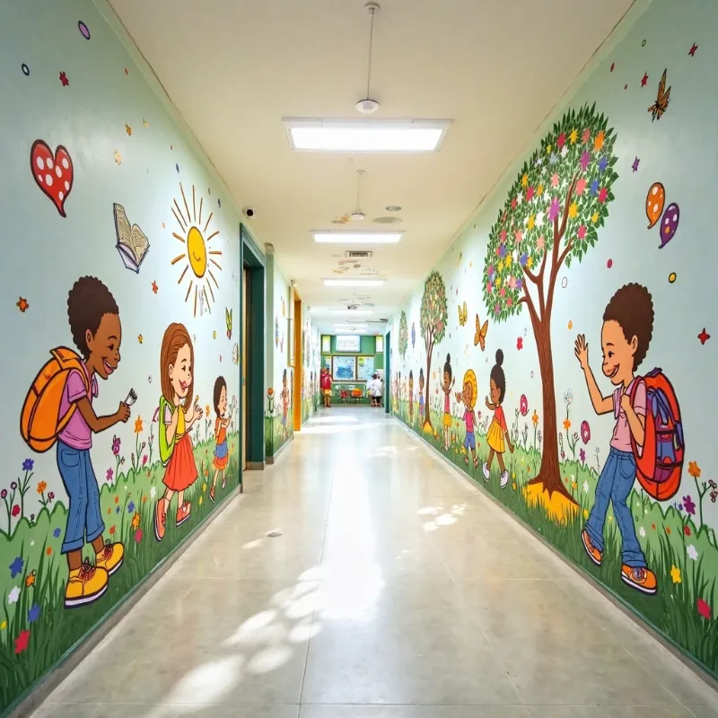 Couloir décoré d’enfants illustrés, d’arbres, de fleurs et de papillons multicolores.