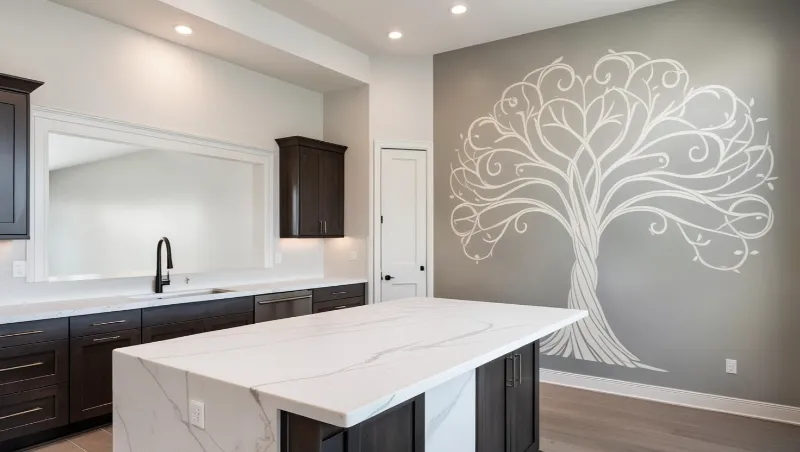 Arbre de vie blanc dessiné sur le mur gris d’une cuisine avec îlot central.