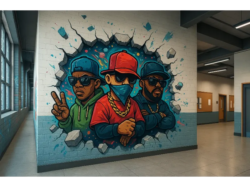 Fresque colorée de trois personnages au style urbain sur un mur de briques dans un couloir.