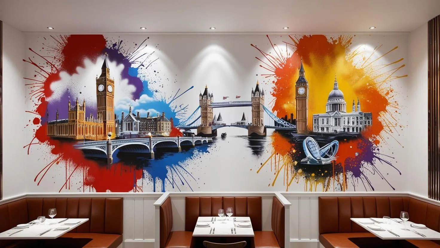 Monuments de Londres entourés de projections de couleurs sur le mur d’un restaurant.