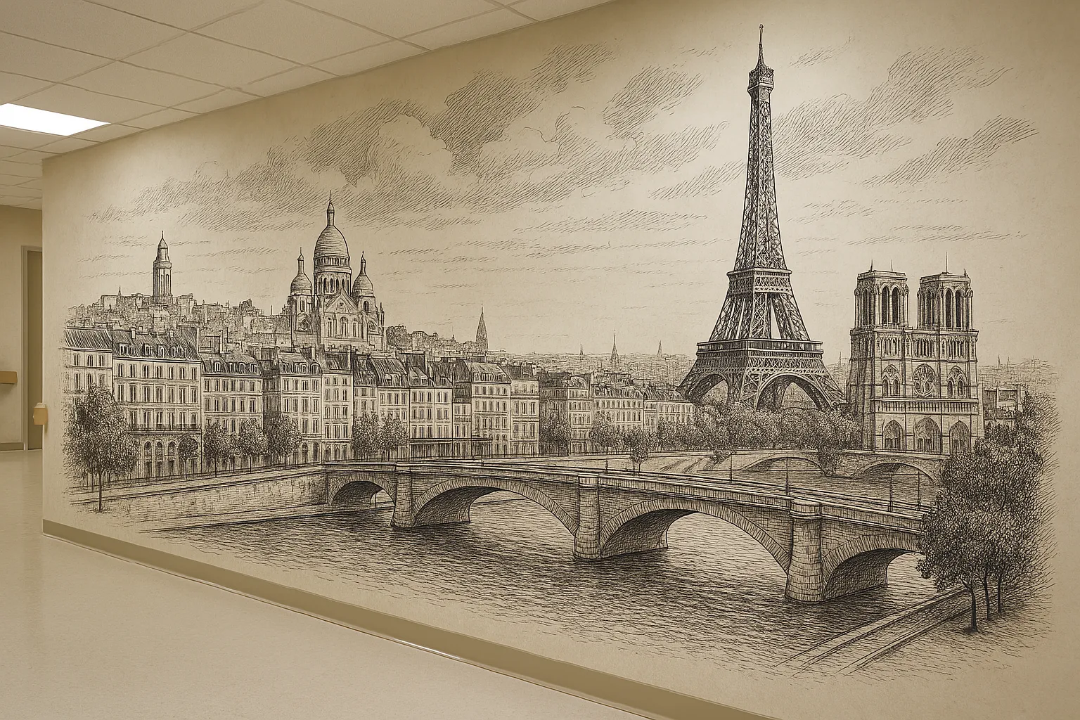 Grand panorama dessiné de Paris avec la Seine, ses ponts et ses monuments sur un mur clair.