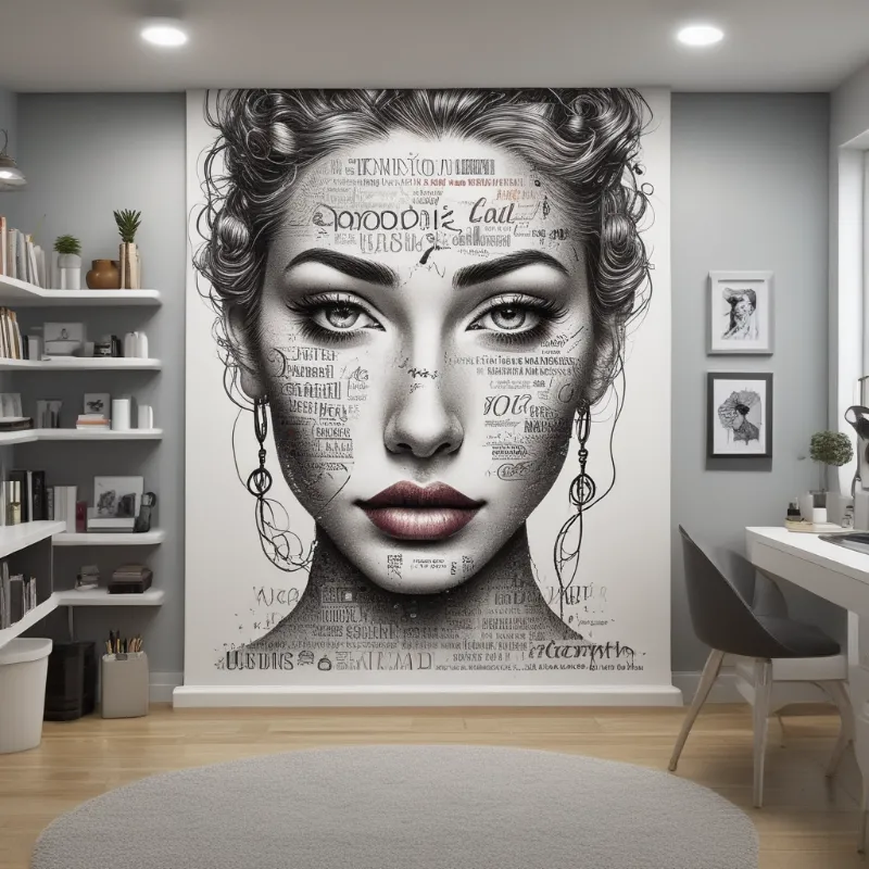 Grand portrait féminin en noir et blanc, composé de détails typographiques, sur un mur intérieur.