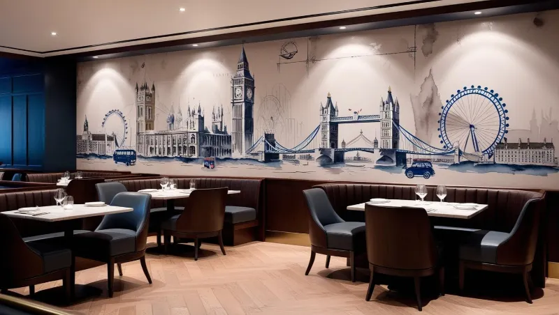 Fresque des monuments de Londres dans une salle de restaurant avec banquettes.