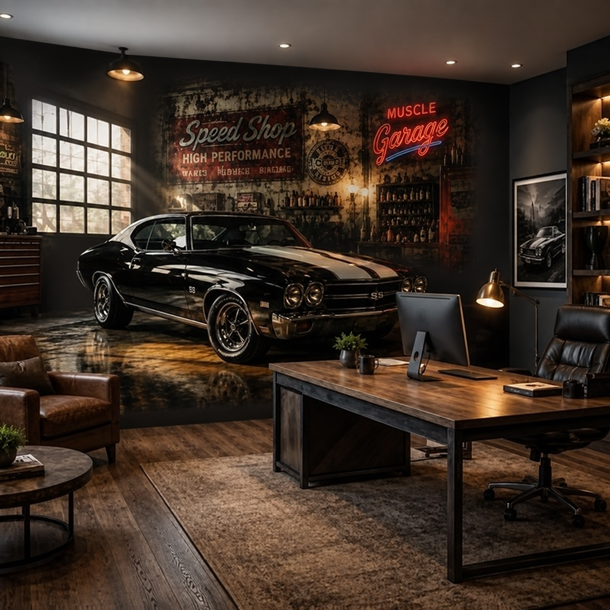 Décor mural automobile dans un garage ou espace de loisirs