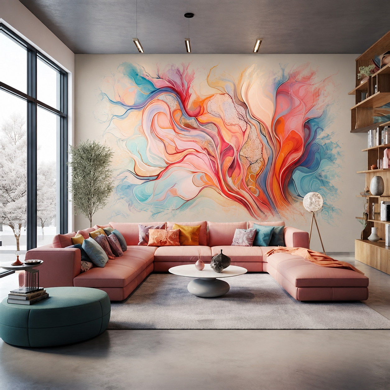 Mise en situation d’une décoration murale abstraite dans un salon ou un commerce