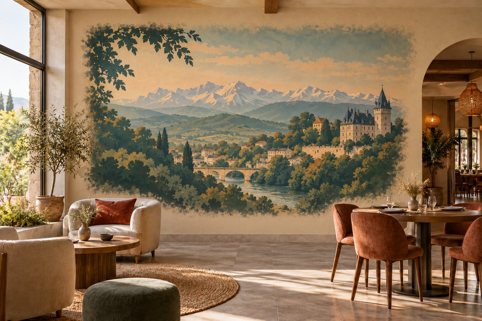 Mise en situation d’une fresque murale inspirée du Béarn dans un restaurant