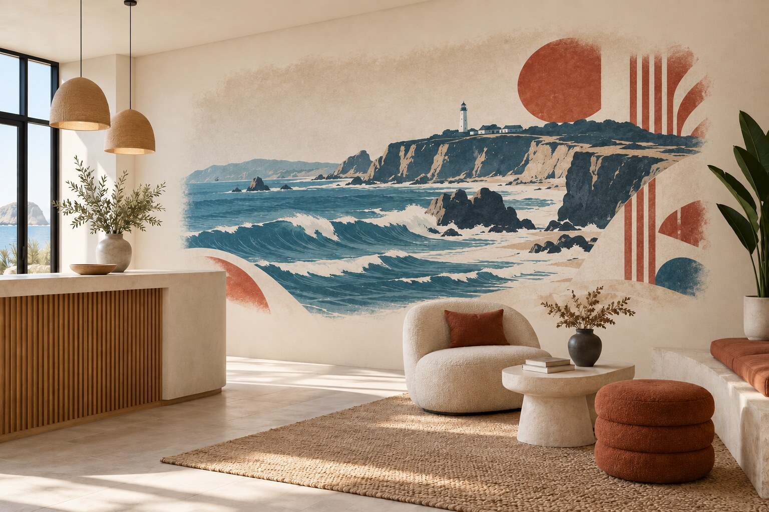 Mural imprimé inspiré de la côte basque et de ses couleurs dans un espace contemporain