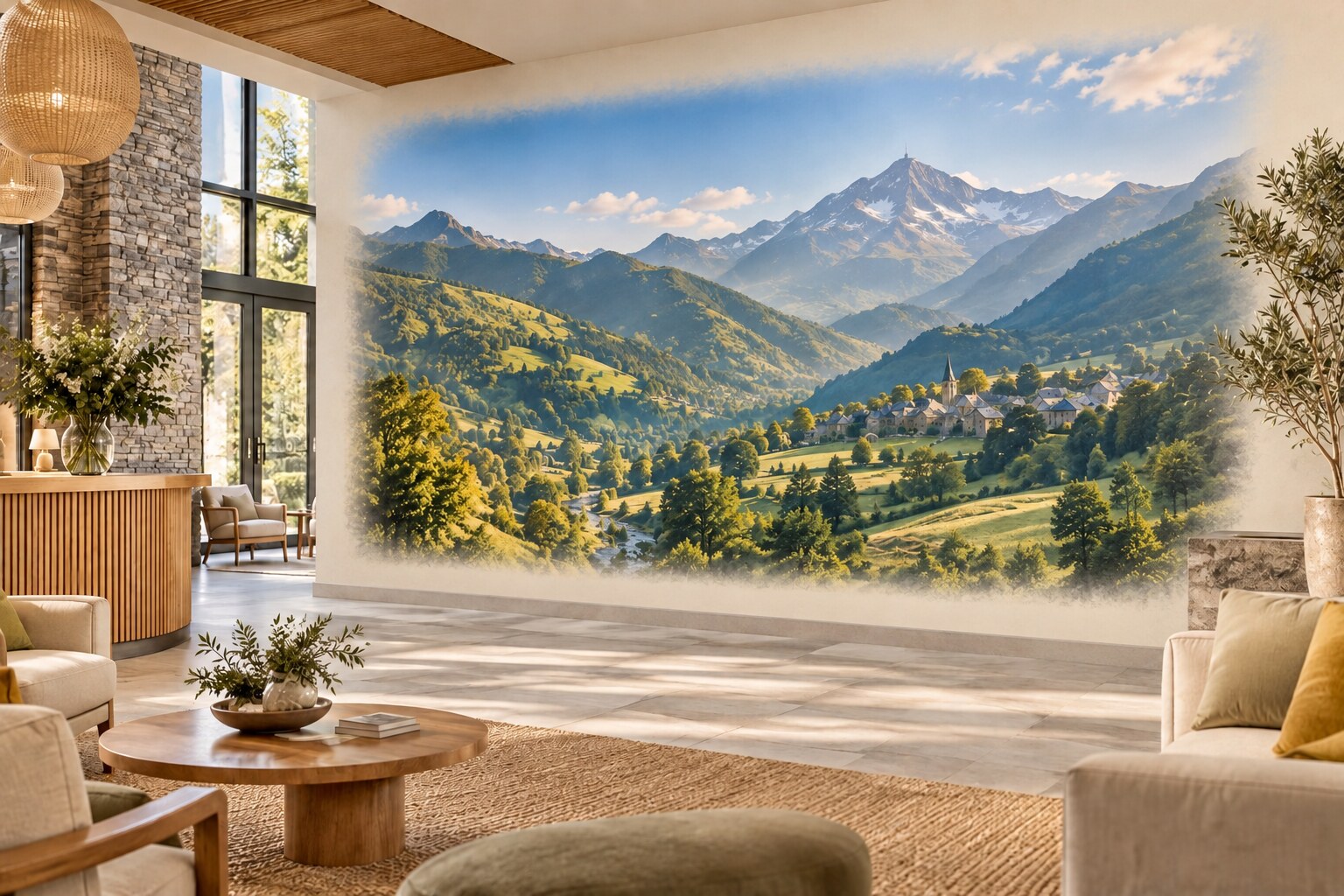 Mural imprimé représentant les paysages des Hautes-Pyrénées dans un hall lumineux